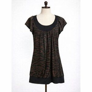 VTG 90s Voice Grunge Tunic Top Womens XL Brown Black Zebra Print Short Sleeve
